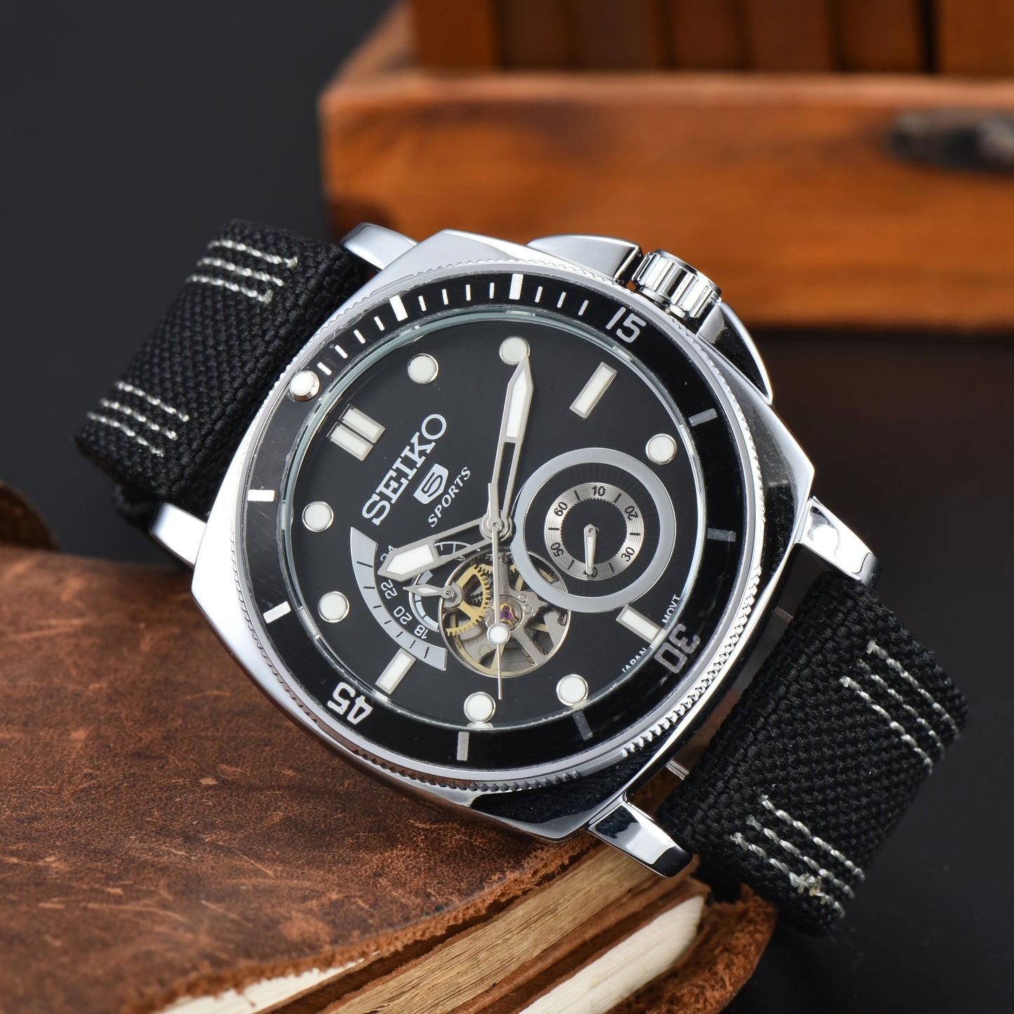 Men'S Automatic Mechanical Watch High Quality Four Needle Hollow Luminous Cloth Strap Watch