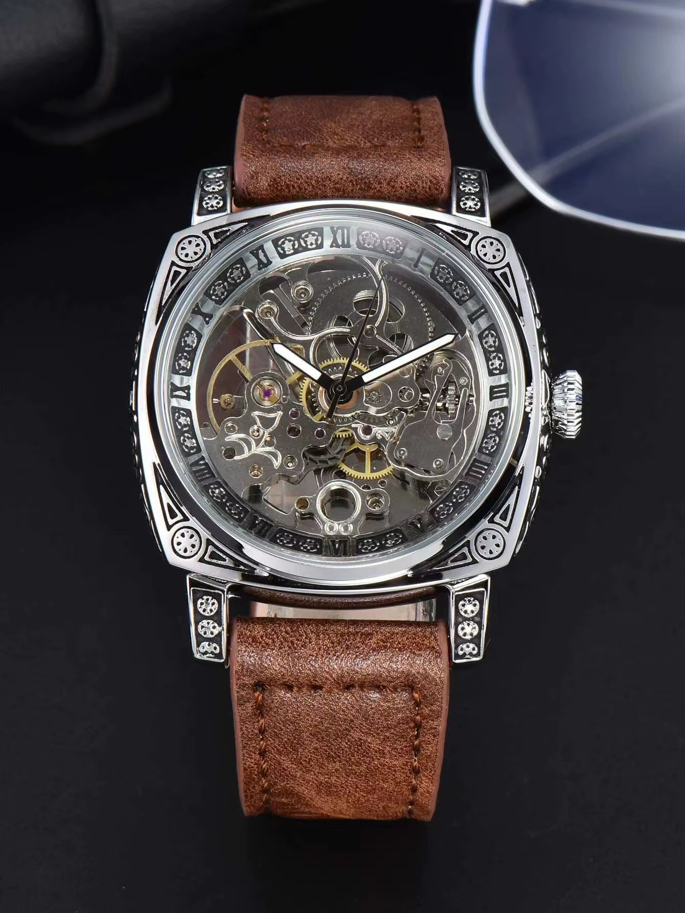Automatic Watch Retro Style Wholesale Mechanical Wristwatches Skeleton Carve Waterproof Leather No Logo Mens Watch