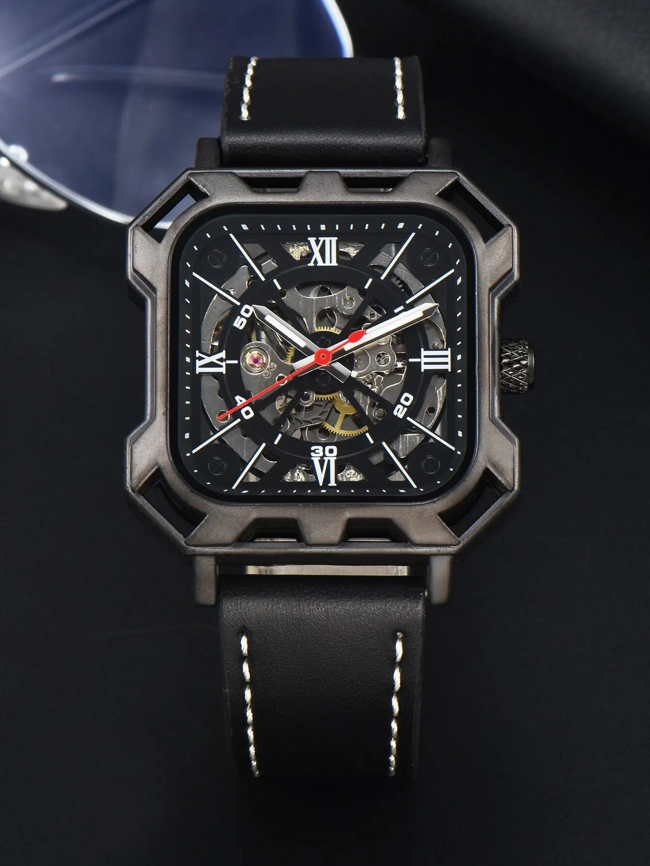 Automatic Watch Business Cool Wholesale Mechanical Wristwatches Hollow No Logo Black Leather Mens Watch Men Gift ﻿