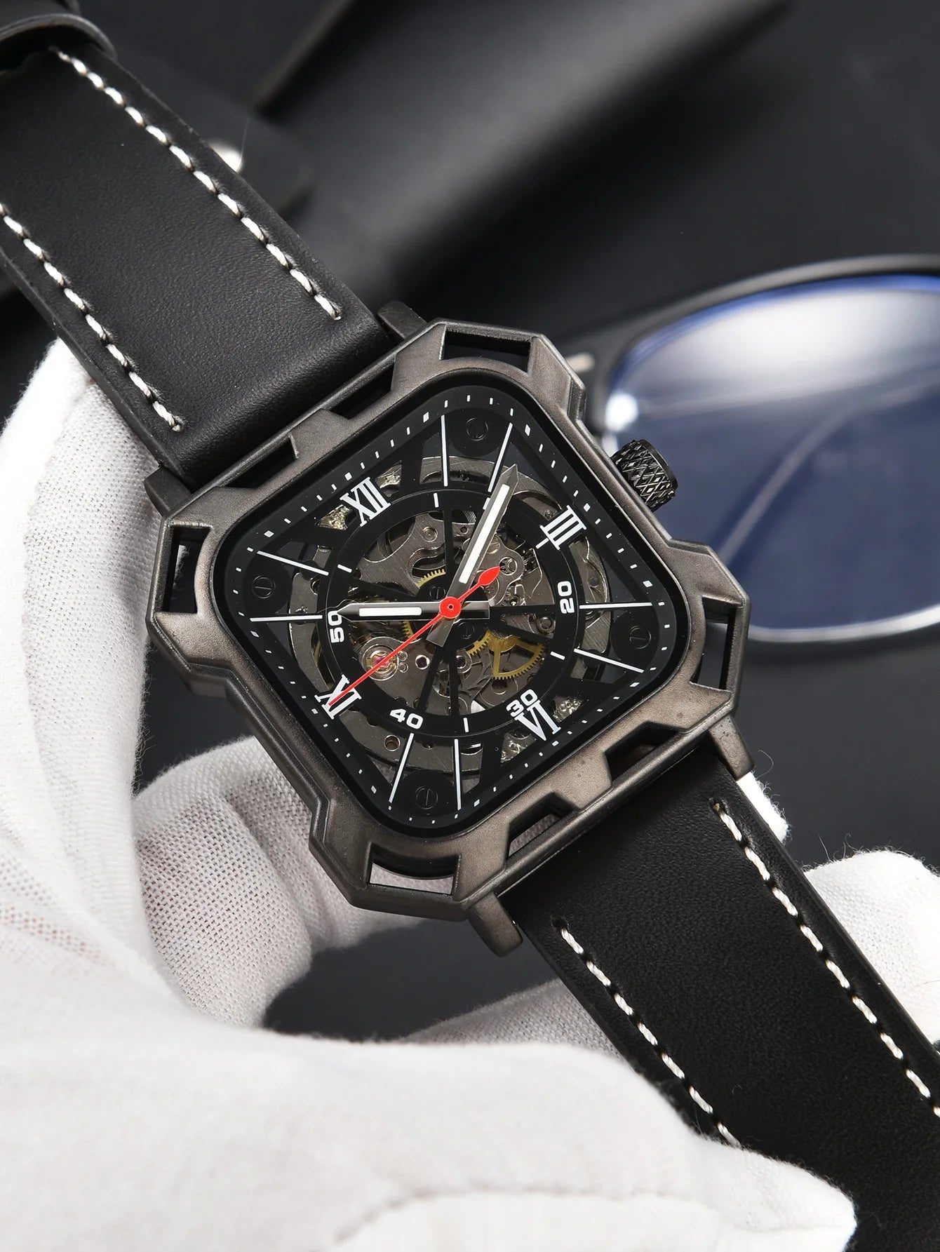 Automatic Watch Business Cool Wholesale Mechanical Wristwatches Hollow No Logo Black Leather Mens Watch Men Gift ﻿