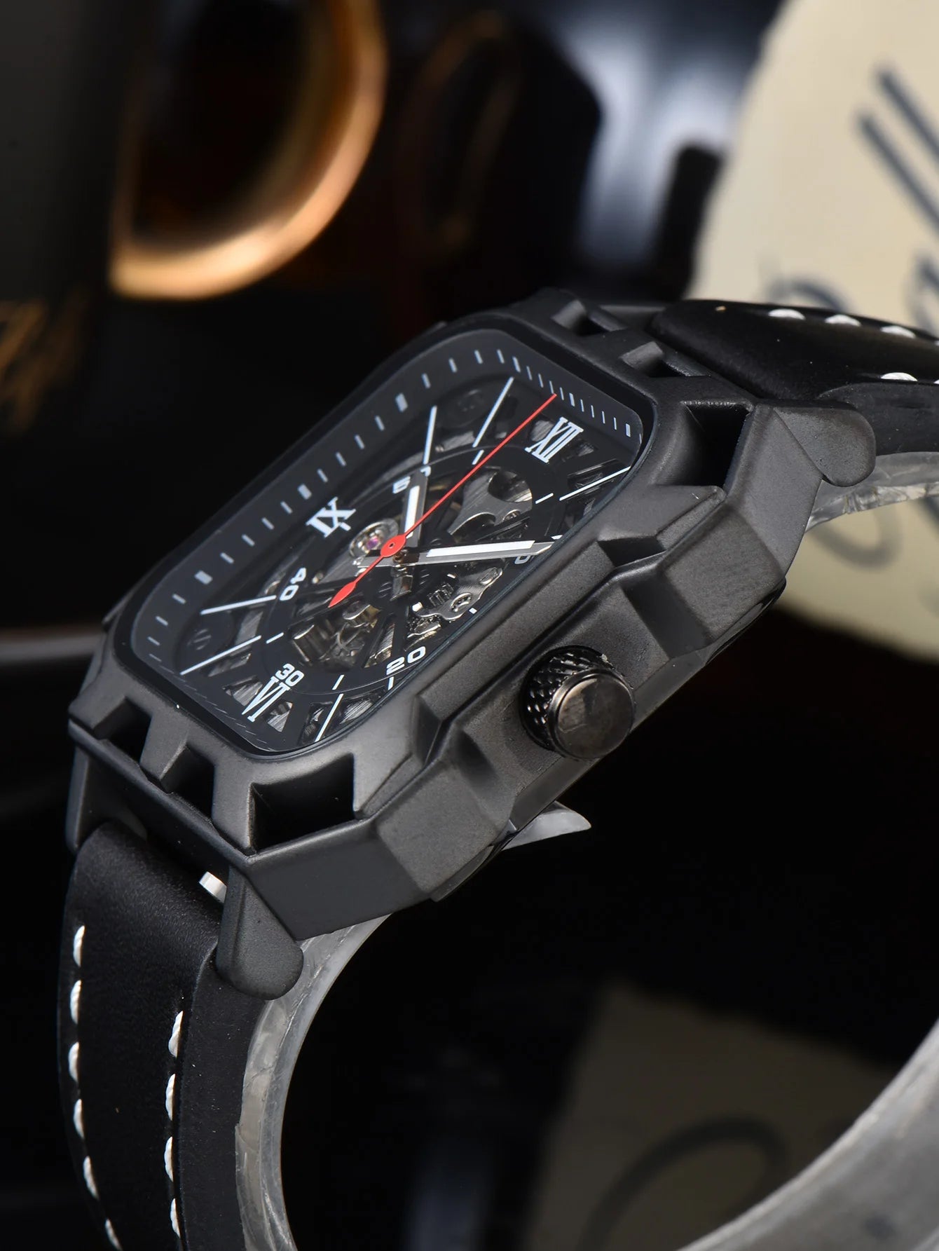 Automatic Watch Business Cool Wholesale Mechanical Wristwatches Hollow No Logo Black Leather Mens Watch Men Gift ﻿