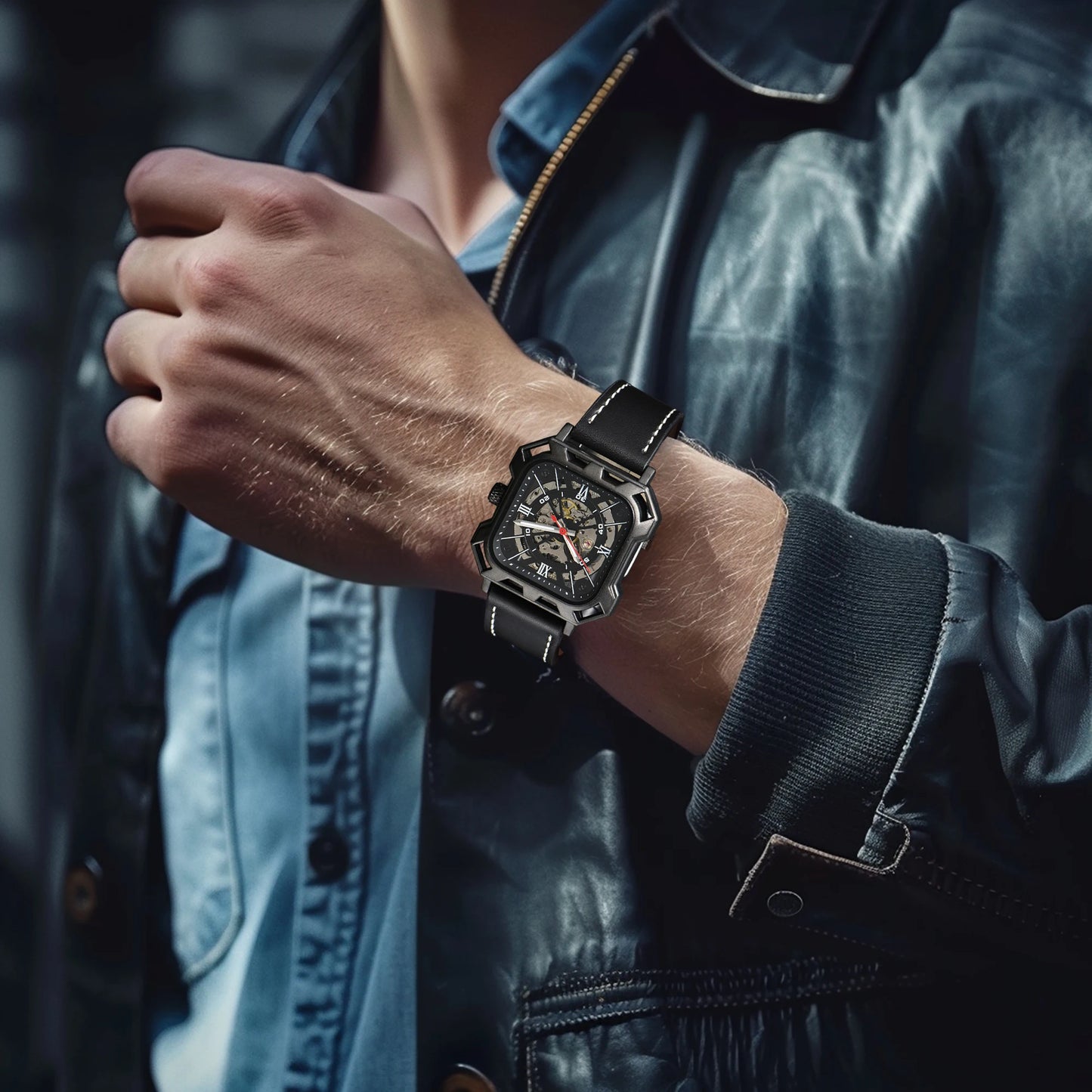 Automatic Watch Business Cool Wholesale Mechanical Wristwatches Hollow No Logo Black Leather Mens Watch Men Gift ﻿
