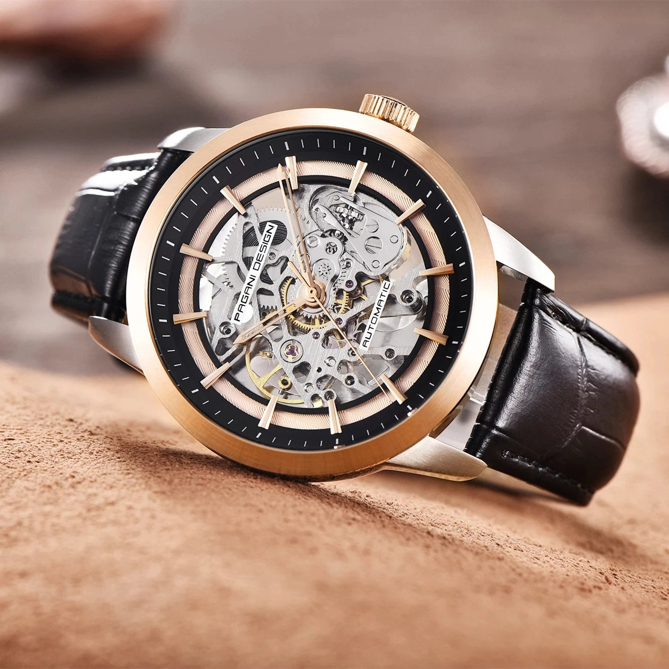 Men Hollow Fashion Leather Automatic Mechanical Skeleton Waterproof Business Watch Men'S Watch Relogio Masculino