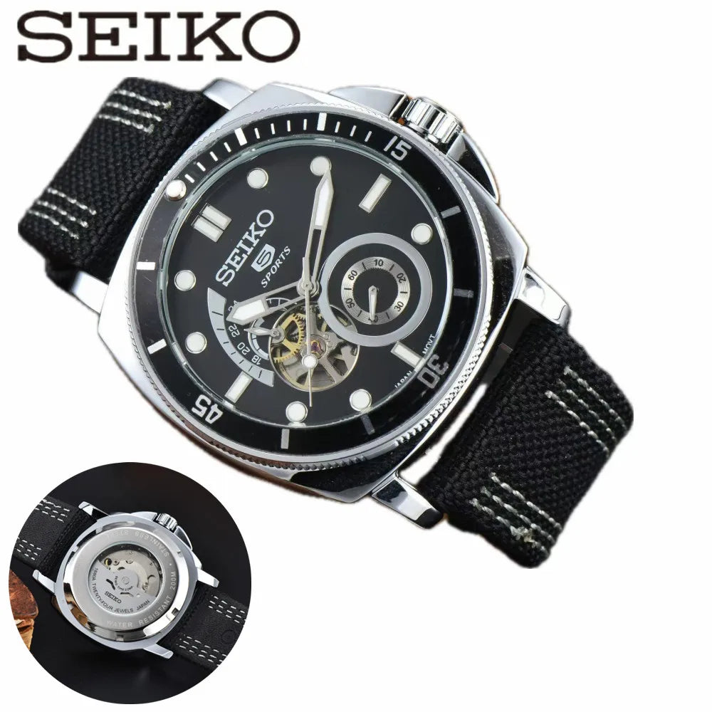 Men'S Automatic Mechanical Watch High Quality Four Needle Hollow Luminous Cloth Strap Watch