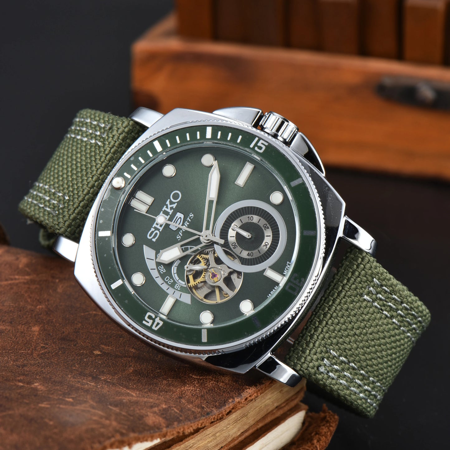 Men'S Automatic Mechanical Watch High Quality Four Needle Hollow Luminous Cloth Strap Watch