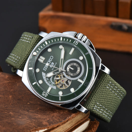 Men'S Automatic Mechanical Watch High Quality Four Needle Hollow Luminous Cloth Strap Watch