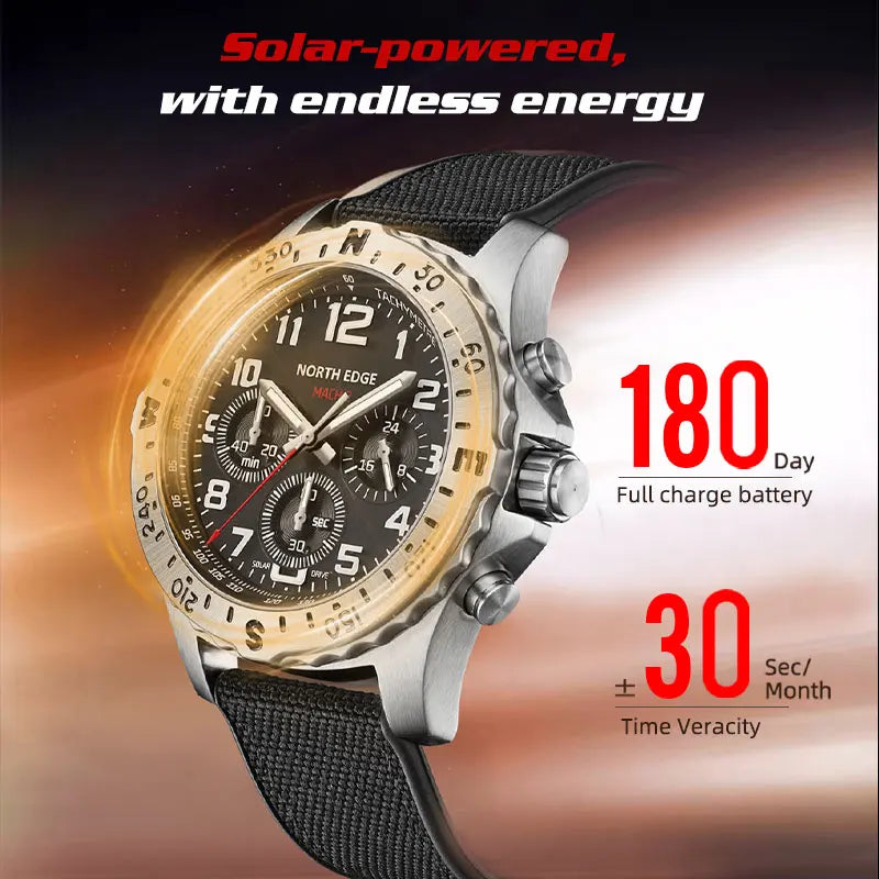 2024 MACH 2 Men'S Watches Solar Power 316 Stainless Steel Case Quartz Watch for Men Pilot Waterproof 50M Stopwatch