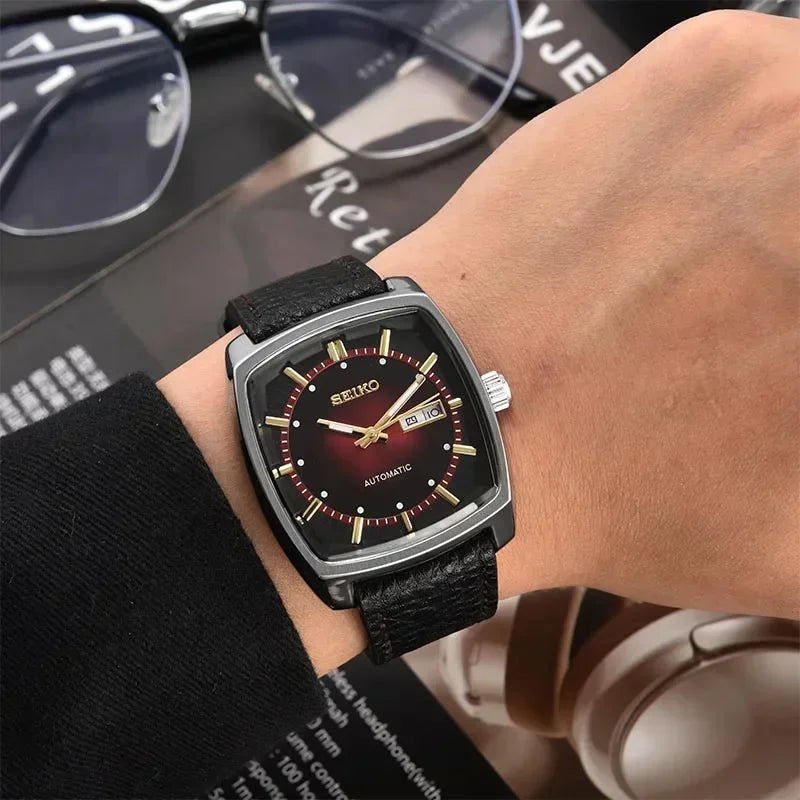Original  Automatic Mechanical Watch Men'S Casual Fashion Watch High-Quality Wine Barrel Watch Belt Retro Green Plate