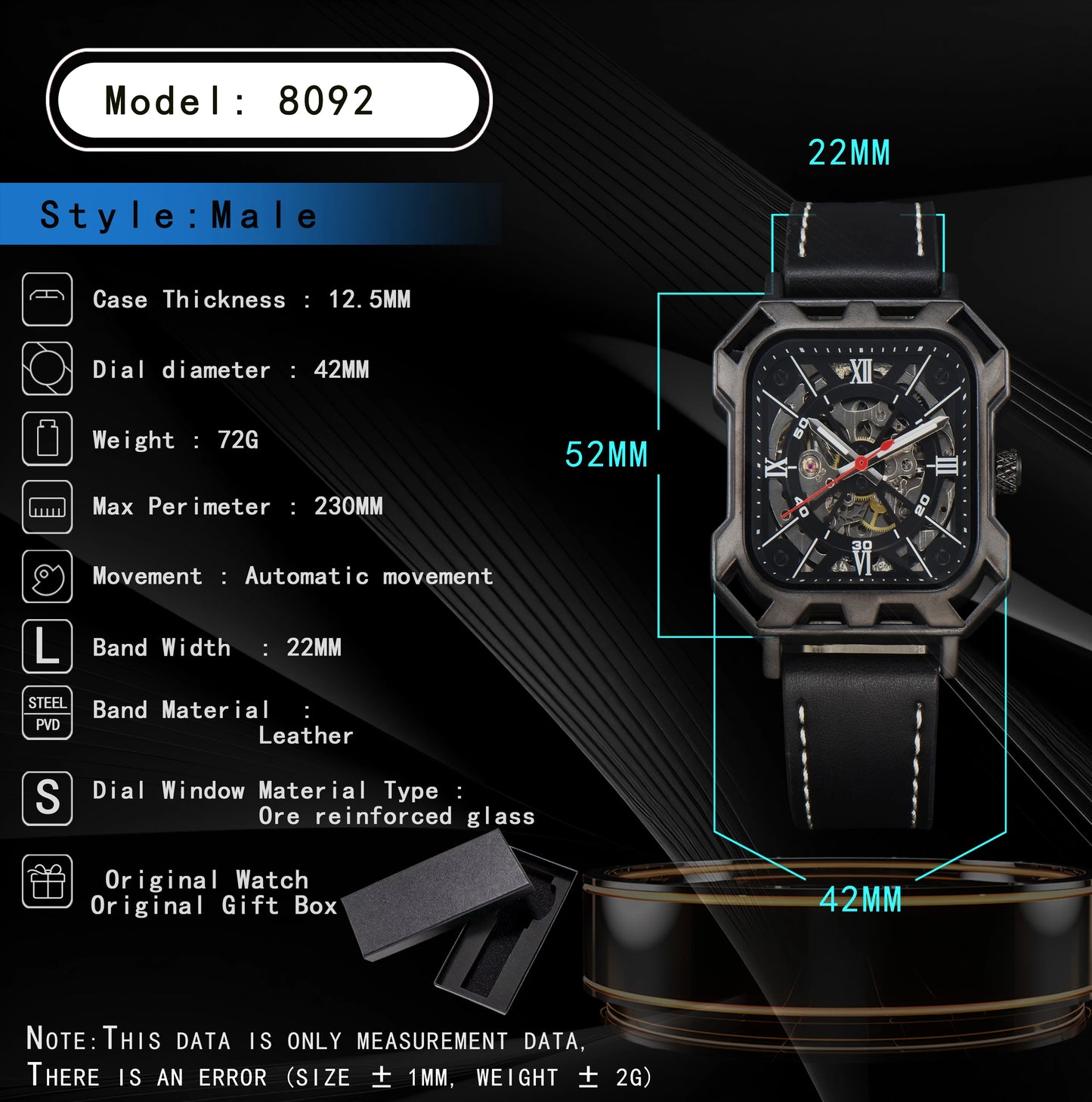 Automatic Watch Business Cool Wholesale Mechanical Wristwatches Hollow No Logo Black Leather Mens Watch Men Gift ﻿