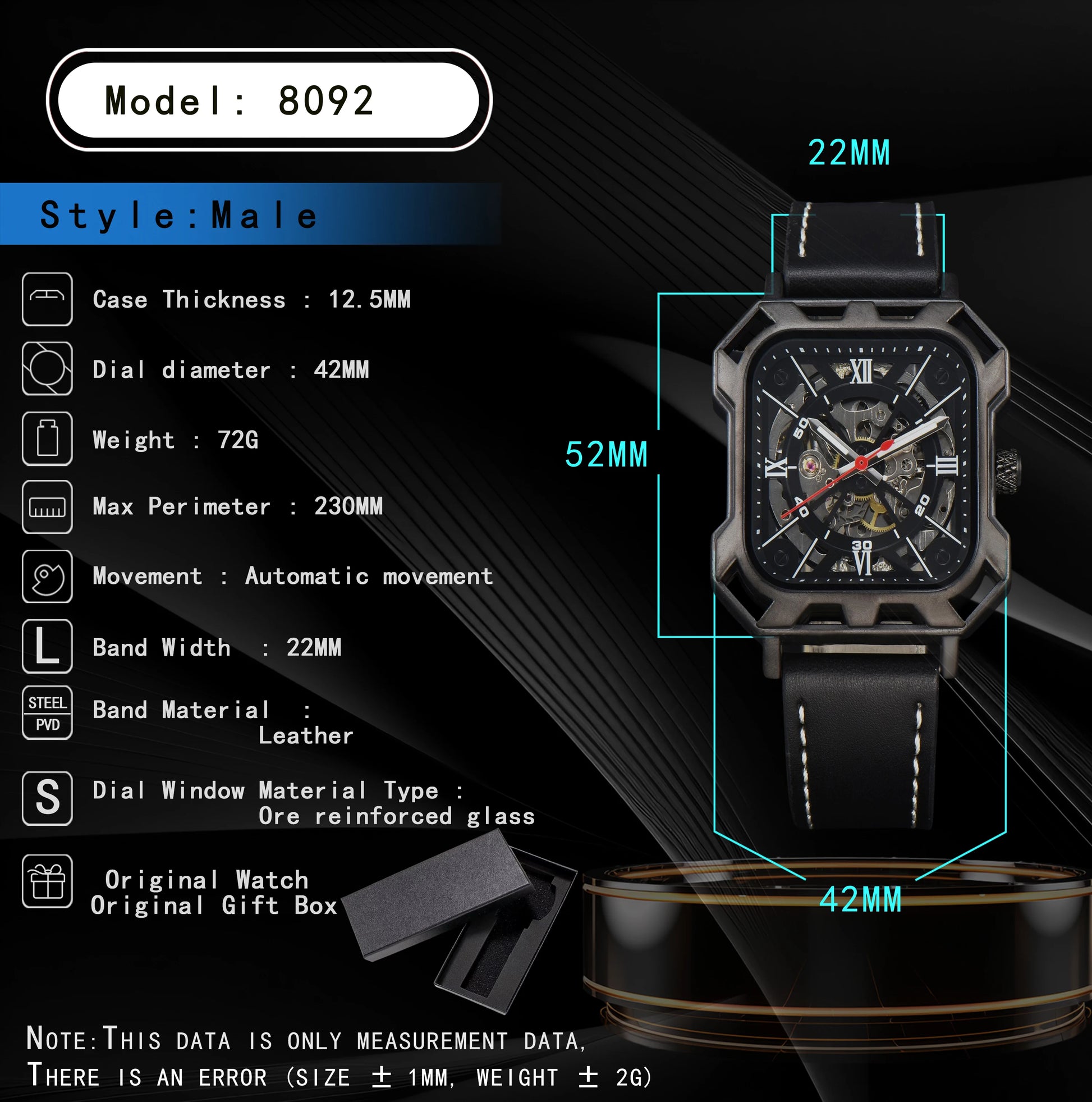 Automatic Watch Business Cool Wholesale Mechanical Wristwatches Hollow No Logo Black Leather Mens Watch Men Gift ﻿