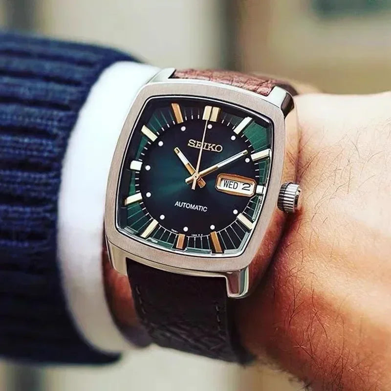 Original  Automatic Mechanical Watch Men'S Casual Fashion Watch High-Quality Wine Barrel Watch Belt Retro Green Plate