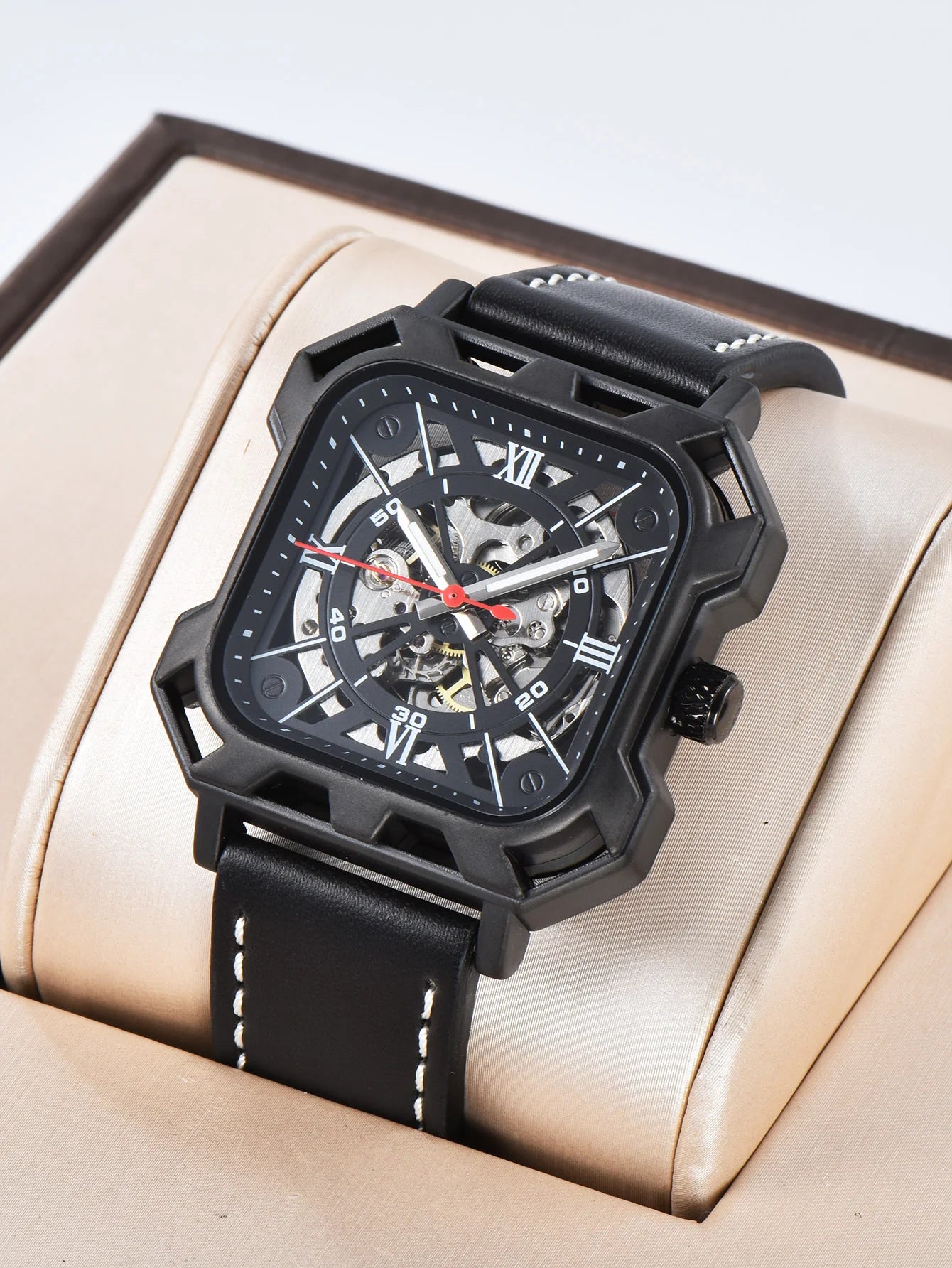 Automatic Watch Business Cool Wholesale Mechanical Wristwatches Hollow No Logo Black Leather Mens Watch Men Gift ﻿